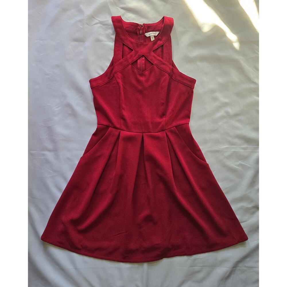 Speechless Fit & Flare Dress Red High Neck Pleated Sleeveless Zip Short S